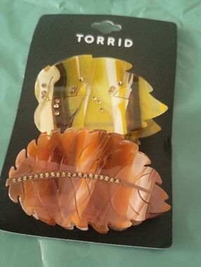 torrid Leaf Resin Hair Clips in Yellow and Brown with Rhinestones